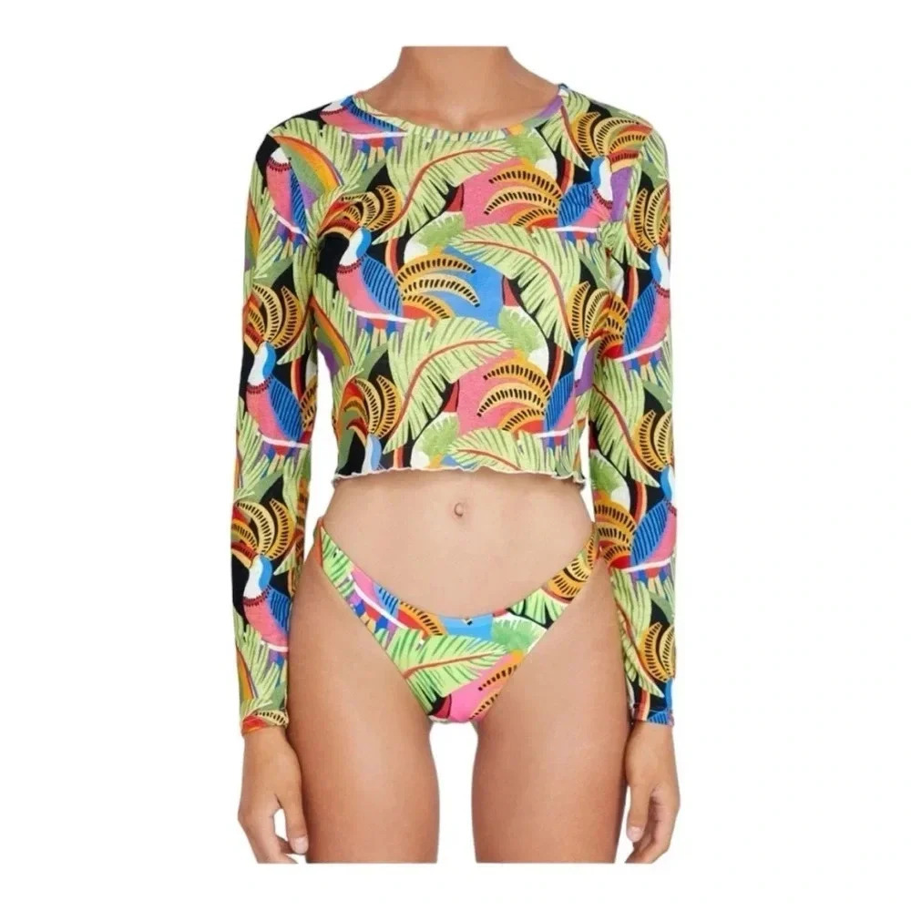 Free People x It's Now Cool Palma Tropical Print‎ Long Sleeve Mesh Crop Top